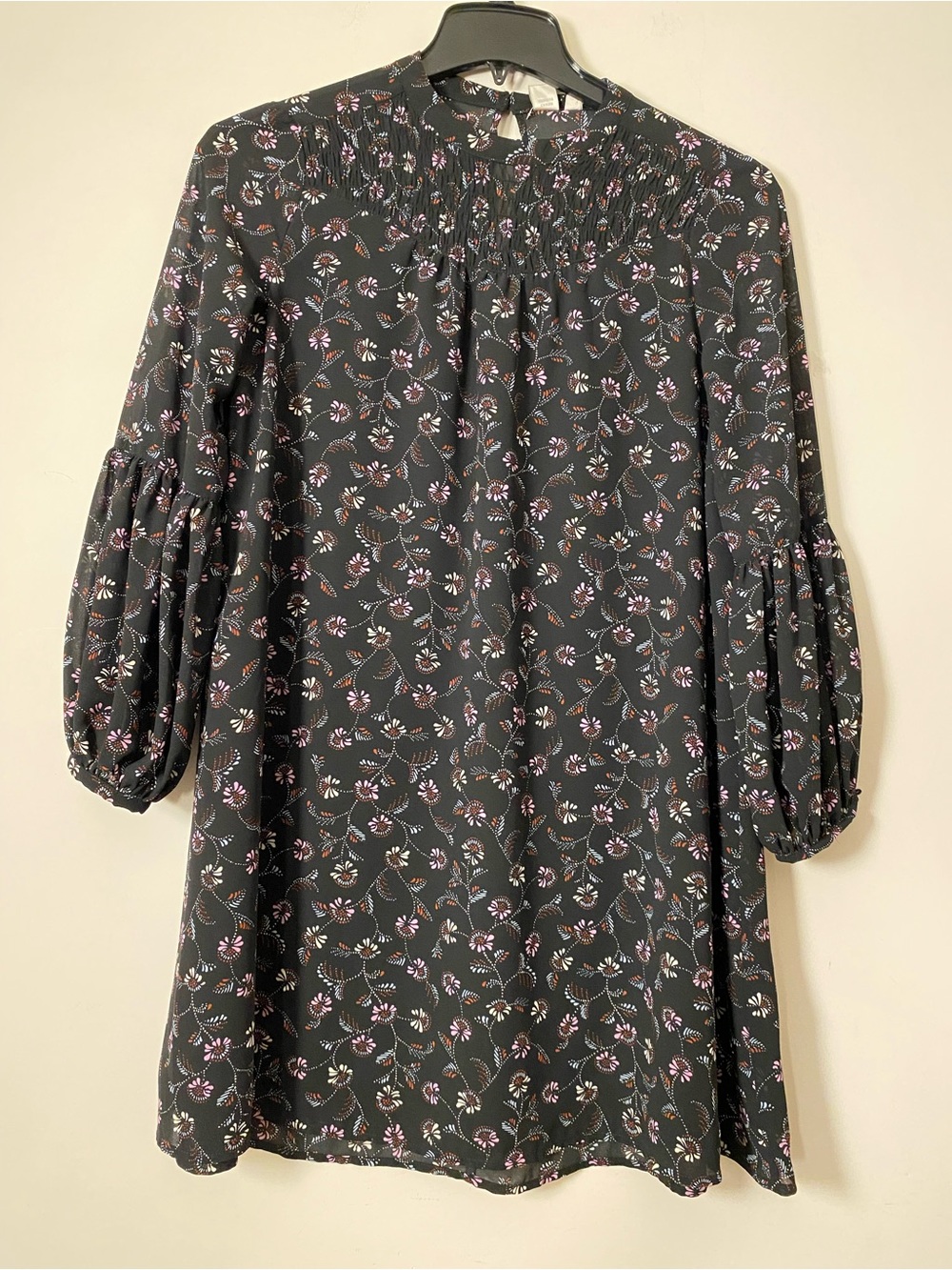 twik Black Floral Smocked Yoke Long Sleeve Mini Dress